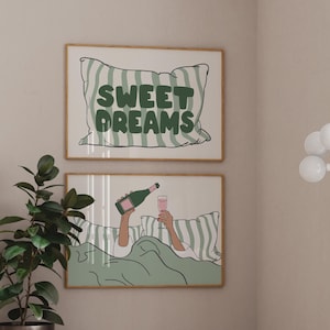 Groene horizontale kunst boven het bed Sweet Dreams poster set van 2, vrouw drinkend in bed afdrukbare kunst, trendy slaapkamer decor schattige slaapzaalposter