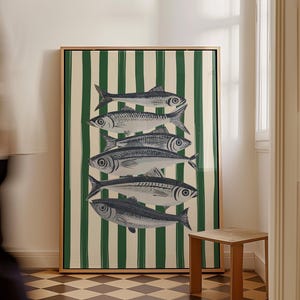 Vintage Fish Physical Print Striped Sardines Print, Mediterranean Kitchen Wall Art Nautical Decor, Coastal Print Green & Blue Seafood Poster