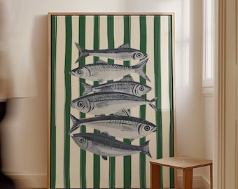Vintage Fish Physical Print Striped Sardines Print, Mediterranean Kitchen Wall Art Nautical Decor, Coastal Print Green & Blue Seafood Poster