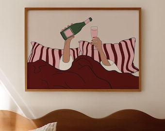Impressão Borgonha para Quarto: Arte Bordô e Rosa Acima da Cama, Arte de Parede Moderna para Quarto, Pôster de Mulher Bebendo Vinho na Cama (Impressão Física)