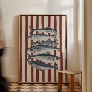 Striped Sardines Print Vintage Fish Physical Print, Coastal Kitchen Wall Art Nautical Decor, Red & Blue Seafood Poster Mediterranean Art