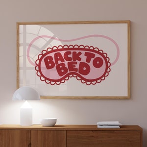 Back to Bed Poster Red & Pink Above Bed Horizontal Print, Teen Girl Bedroom Wall Art Trendy Sleep Poster, Let&#39;s Stay In Bed Printable Art