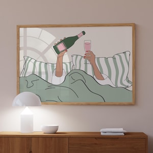 Sage Green Schlafzimmer Druck über dem Bett Horizontale Physische Poster, Wein im Bett Druck Trendige Wandkunst Grüne Schlafzimmer Wanddekoration