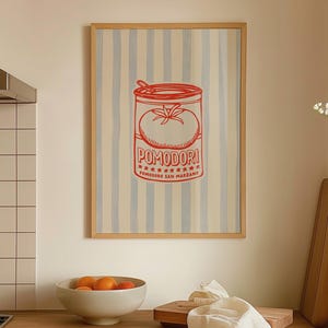缶詰トマトのポスター地中海風プリントアート、レトロなトマトプリントヴィンテージイタリアンキッチンプリント、青と白のかわいいキッチンプリント
