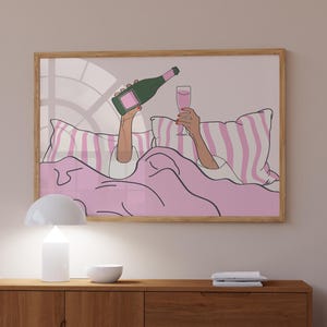 Above Bed Decor Pink Bedroom Wall Art, Horizontal Physical Poster for Bedroom, Wine in Bed Print Pink Trendy Bedroom Art Stay in Bed Print