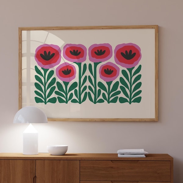Large Horizontal Wall Art: Colorful Wall Art, Pink Poppies Flower Print, Maximalist Wall Art, Dopamine Decor (Physical Print)