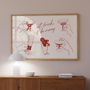 Kerstcocktailprint rode kerstposter, horizontale kerstprint Eat Drink & Be Merry-poster, trendy kerstbarprint