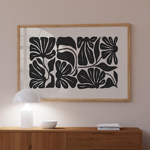 Art abstrait fleur imprimable, art mural noir et blanc, impression florale, art mural Japandi horizontal moderne, affiche minimaliste neutre