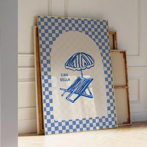 Ciao Bella Stampa Poster Italia Blu Arte da Parete Trendy, Stampa Fisica Ombrellone da Spiaggia Stampa a Scacchi Retro Capri, Decorazione Estetica per la Stanza
