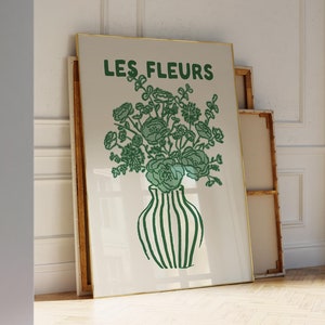 Póster de jarrón dibujado a mano con arte de pared Les Fleurs verde, ilustración floral con estampado botánico de moda, póster de ramo moderno con estampado de arte de línea verde