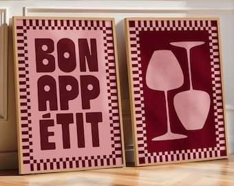 Conjunto de 2 pôsteres retrô para parede de cozinha: pôster "Vinho Tinto e Rosa", pôster "Bon Appetit", decoração moderna para sala de jantar (pôsteres físicos)