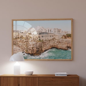 Art imprimable des Pouilles, art mural italien, photographie de Polignano a Mare, impression côtière italienne, affiche italienne, art mural bleu côtier italien