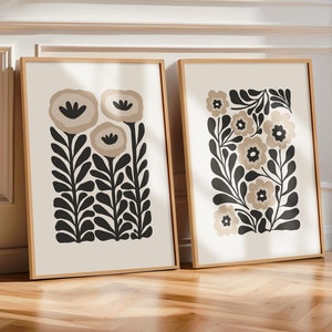 Schwarz & Beige Blumendruck 2er Set Florale Wandkunst, Neutrale abstrakte Blumenkunst, Matisse Stil Blumen Poster Mid Century druckbare Wandkunst