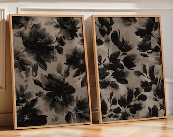 Conjunto de duas gravuras para parede com tema de atmosfera melancólica: Arte de parede em preto e bege, Arte floral abstrata, Gravuras florais neutras (Impressões físicas)