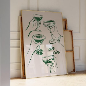 Zielony plakat Cin Cin Modna sztuka ścienna, Cheers Wydrukuj sztukę Bar Cart Print, Retro Wall Art Cocktail Plakat Zielony i beżowy Wystrój kuchni