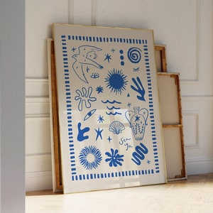 Stampa artistica da parete mediterranea, Grecia, stampa fisica di tendenza da parete blu, poster blu e bianco, stampa estiva greca, schizzo astratto blu