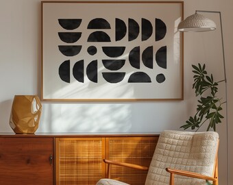 Affiche géométrique d'art abstrait noir et blanc imprimable, art mural minimaliste, impression Bauhaus, art mural neutre pour décoration de salon