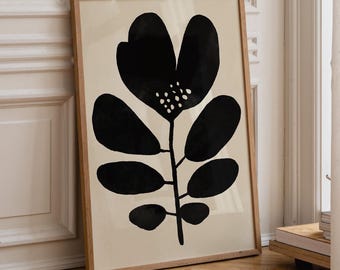 Black Abstract Botanical Print Black & White Physical Print, Large Leaf Print Black Flower Poster, Black Leaves Living Room Wall Art