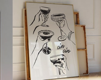 Bar Cart Print Cheers Printable Art, Cin Cin Poster Bar Cart Decor, Retro Kitchen Wall Art Bar Cart Art Trendy Wall Art Digital Print