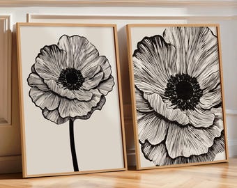 Black & White Wall Art Set of 2: Minimal Botanical Posters, Abstract Floral Art Pair of Woodblock Prints (Physical Prints)