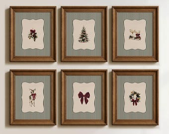 Vintage Christmas Prints Set of 6: Striped Green Christmas Printables, Traditional Christmas Wall Art (Digital Download)