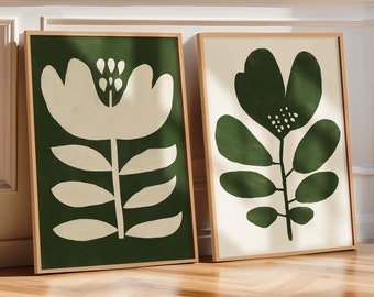 Big Flower Print Set of 2 Moss Green Printable Art, Abstract Flower Painting Retro Floral Posters, Dark Green Poster Mothers Day Gift