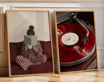 Conjunto de 2 peças de arte de parede retrô vermelha: Impressões em tons de vinho, pôster de vinil vermelho escuro, pôster com tema de leitura para decoração de sala de estar (download digital)