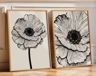 Conjunto de 2 pôsteres modernos de flores em preto e branco com linhas florais abstratas neutras (download digital)