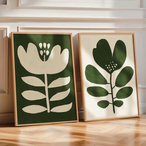 Dunkelgrüne abstrakte Wand-Kunstdruck-Set mit 2 physischen Drucken, Moos-Wandkunst grüne Blumenkunst, Matisse-Blumenplakate für Wohnzimmer