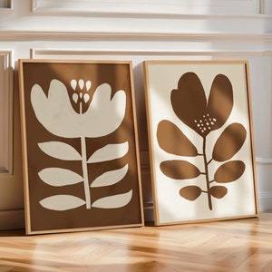 Braune Blumendrucke Paar Retro Floral Poster, abstrakte Blumenmalerei Weiß & Hellbraun Übergroße Blumenwandkunst, braune Mitte des Jahrhunderts Wandkunst