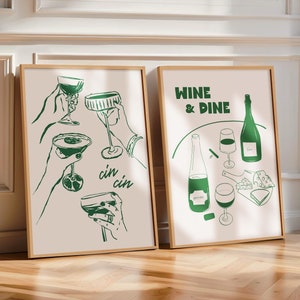 Juego de 2 impresiones de carteles de Cin Cin para cenas en verde, impresiones de Bon Appetit, arte de pared de moda, impresiones de cócteles en verde oscuro, carteles de vino y arte de pared de Cheers