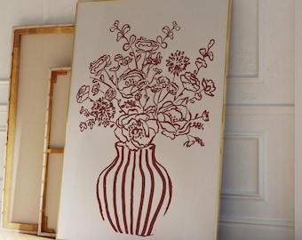 Burgundy Floral Print Vase Poster, Dark Red Flowers Print Stripe Vase Print, Classy Poster Minimal Modern Living Room Decor