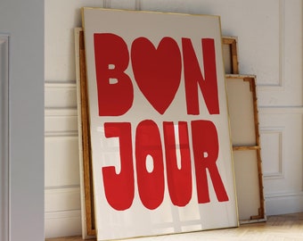 Bonjour Wall Art Red Retro Wall Art, Trendy French Wall Art Print Good Morning Quote Print, Modern Bold Typography Poster French Poster