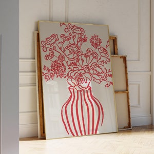 Arte imprimible de naturaleza muerta con flores rojas para decoración de dormitorio, arte de pared moderno para decoración de habitación coqueta, póster femenino con estampado de jarrón de flores