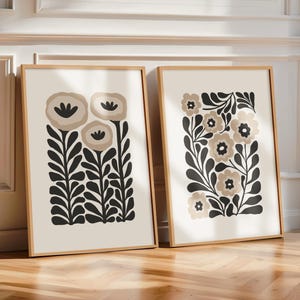 Conjunto de 2 impressões físicas de flores em preto e branco, impressões florais neutras, arte abstrata em preto e bege, conjunto de pôsteres de flores Matisse