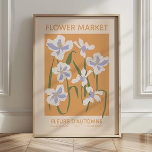 Orange Blumenmarkt Poster, Retro Floral Physischer Druck, Wildblumen Wandkunst Pastell Botanisches Poster, Herbstblume Kunstdruck Herbsttöne