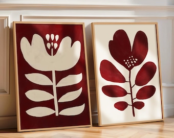 Burgundy Art Prints Flower Print Set of 2 Dark Red Printable Art, Abstract Flower Painting Retro Floral Posters, Botanical Art Prints