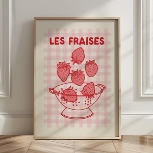 Cottagecore Strawberry Print Vintage Kitchen Decor, Pink Strawberry Poster Coquette Strawberry Decor, Pink Gingham Art Print Cute Wall Art