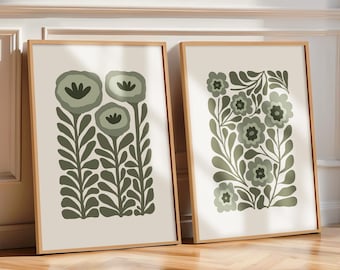 Sage Green Flower Print Set of 2 Floral Wall Art, Sage Green Abstract Flower Art, Matisse Style Flower Poster Mid Century Printable Wall Art