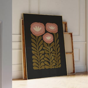 Arte de parede Moody com estampa floral verde e preta, pôster botânico abstrato com arte de parede floral preta, estampas florais boho para decoração de quarto