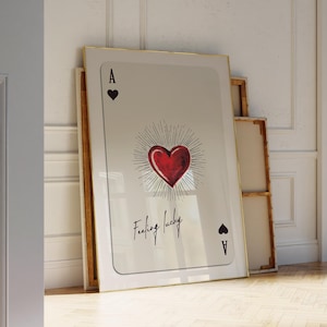 Retro Asso di Cuori Stampa Arte murale alla moda, Carta da gioco Arte stampabile Sentirsi fortunati Poster Decorazione estetica massimalista Stampe y2k Rosso e nero