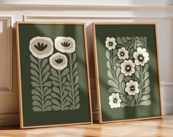 Dark Green Floral Print Set of 2 Moody Wall Art, Emerald Green Abstract Flower Art, Matisse Flower Poster Mid Century Printable Wall Art