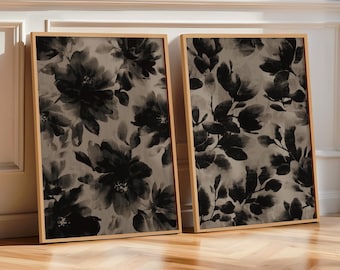 Conjunto de duas gravuras para parede com estilo melancólico: Arte de parede em preto e bege, Arte floral abstrata, Gravuras florais neutras (Download digital)