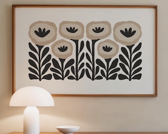 Horizontal Black & White Wall Art: Neutral Folk Wall Art, Abstract Floral Print Large Wall Art for Living Room (Physical Print)