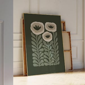 Arte de parede verde escuro, impressão física floral abstrata, pôster botânico de arte floral abstrata verde sálvia, arte de parede para sala de estar