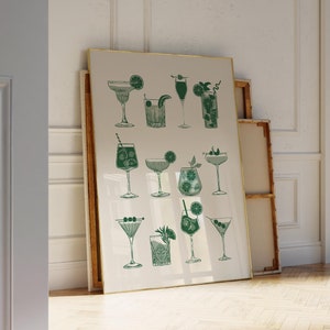 Póster de cócteles verdes, lindas bebidas, arte imprimible, impresión de bebidas de arte de pared de moda, impresiones de vino de arte de carrito de bar retro para decoración de cocina