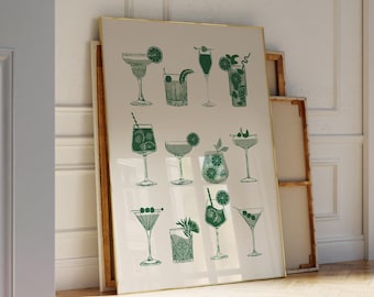 Green Cocktails Poster Cute Drinks Printable Art, Trendy Wall Art Drinks Print, Retro Bar Cart Art Wine Prints for Kitchen Decor