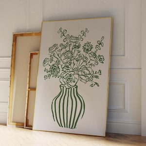 Póster de jarrón de moda con estampado floral verde, estampado de jarrón de rayas retro, estampado de flores dibujadas a mano, póster de ramo de decoración minimalista y moderna para sala de estar