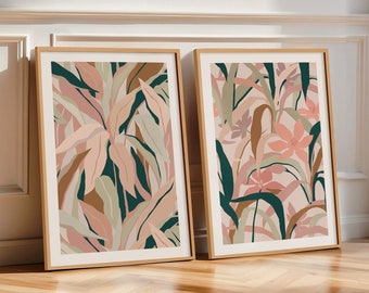 Tropical Botanical Printable Art Set of 2 Blush Pink & Green Decor Leaves Wall Art, Large Abstract Floral Poster Boho Living Room Decor