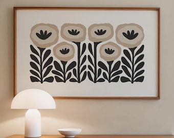 Arte de parede abstrata horizontal em preto e branco: estampa floral neutra, arte de parede grande em preto e bege para sala de estar (download digital)
